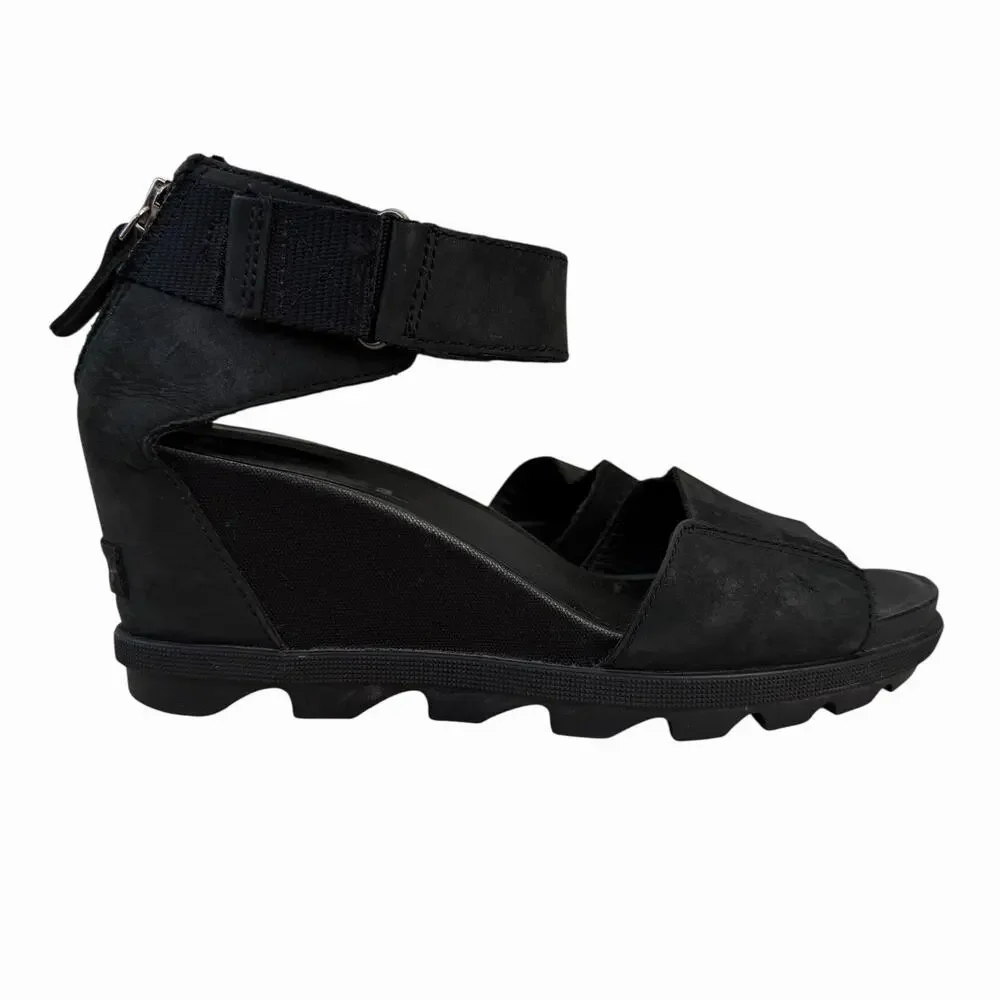 Sorel Joanie II Black Leather Ankle Strap Wedge Sandal Size 9 - Picture 3 of 6